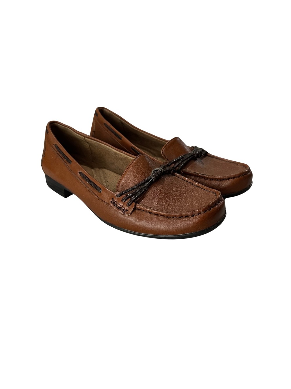 Naturalizer Tan Leather Driving Loafers Sz 7.5 Braided Tie Moc Toe Flats
